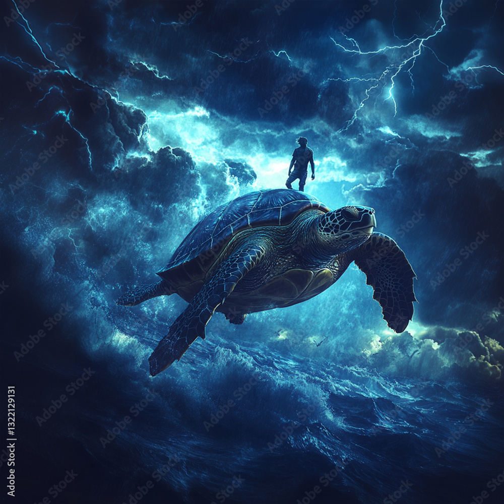 Obraz premium Man Standing on Giant Turtle’s Back Amidst Lightning and Dark Sea Waves