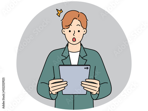 Stunned man shocked with news on tablet