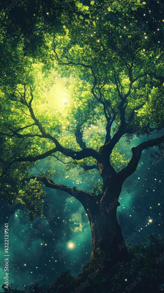 A grand old tree extends its branches toward a starry night A grand old tree extends its branches toward a starry night