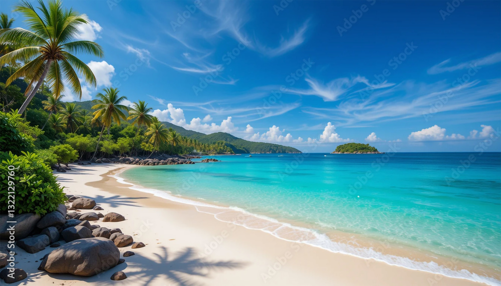 Fototapeta premium A Postcard-perfect Tropical Beach Scene, Showcasing Pristine White Sand, Crystal-clear Turquoise Water Lapping Gently On The Shore, Under A Vibrant Blue Sky Dotted With Fluffy White Clouds