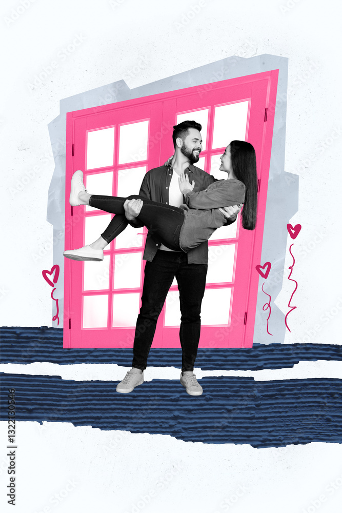 Εκτύπωση καμβά Vertical photo collage of two happy girl guy wedding day valentine celebration d