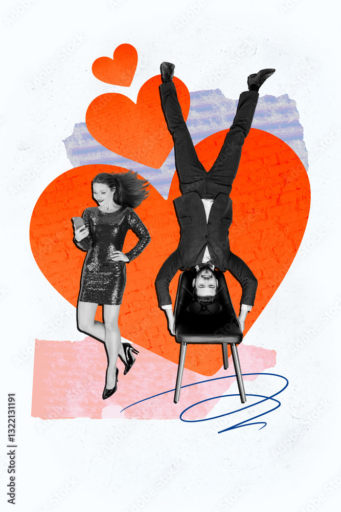 Φωτογραφία Vertical photo collage of two happy girl guy valentine holiday celebration heart