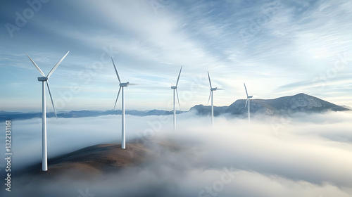 Wallpaper Mural White Wind Turbines Generating Renewable Energy Above a Layer of Fog on a Mountainous Landscape Torontodigital.ca
