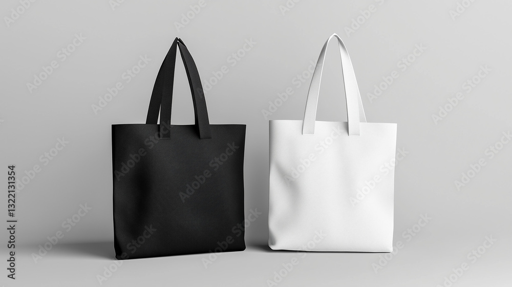 The white and black tote bags stand out in this mockup, with a simple grey background highlighting their design. The white and black tote bags stand out in this mockup, with a simple grey background highlighting their design.