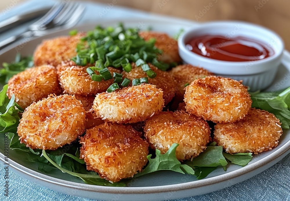 Golden Crispy Coconut-Crusted Shrimp Served with Fresh Green Onions and Tangy Dipping Sauce on a Decorative Plate Golden Crispy Coconut-Crusted Shrimp Served with Fresh Green Onions and Tangy Dipping Sauce on a Decorative Plate