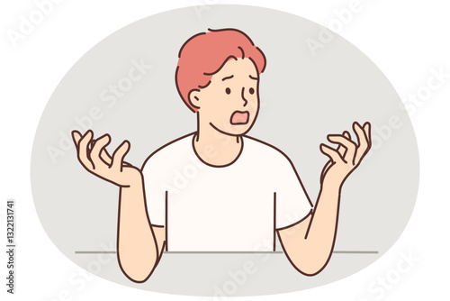 Nervous man throws up hands and opens mouth wide screaming and swearing having heard bad news