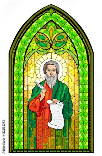 Beautiful colorful medieval stained glass window with holy Apostle Saint Patrick. Gothic architecture. Christian decoration. Middle ages in Western Europe churches. Hand draw vector illustration.