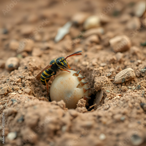 African wasp burying a large pupae on the dry african plains