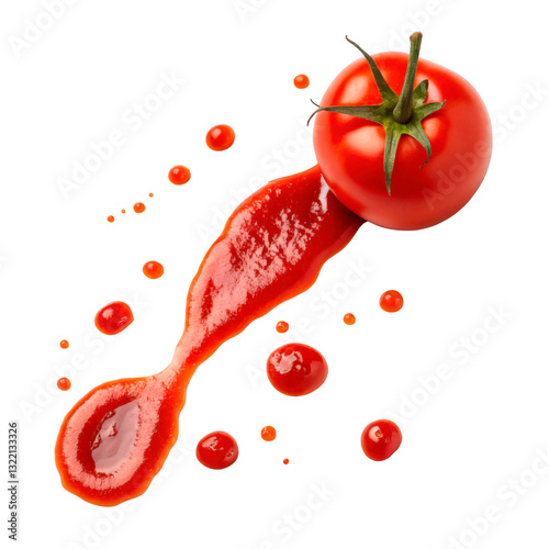 Fresh red tomato with ketchup spilling, showcasing vibrant colors and textures at a kitchen setting