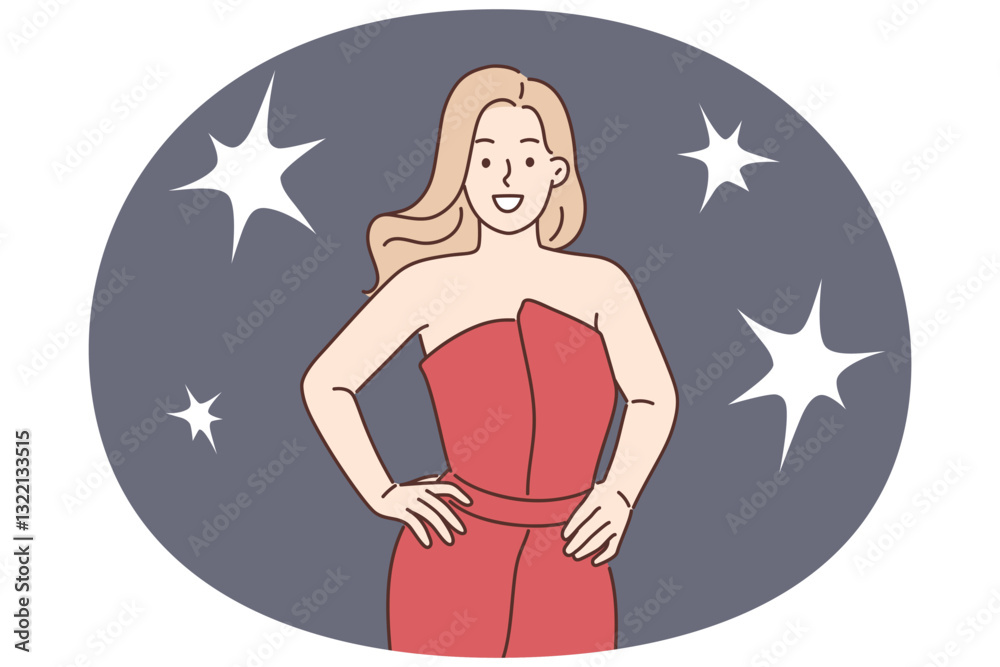 Φωτογραφία Celebrity woman poses for reporters standing in evening dress during film festiv
