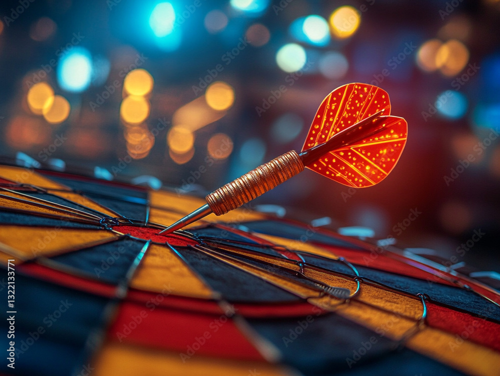 Darts hitting the bullseye in a lively bar setting Darts hitting the bullseye in a lively bar setting