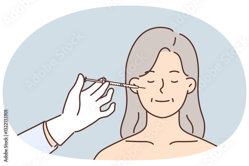 Face of woman and syringe for cosmetic services and use of skin lifting or getting rid of wrinkles