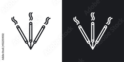 Burning incense stick icons set in black and white stroke lines