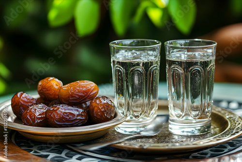 Refreshing dates and sparkling water on a table, perfect for evening meals and cultural gatherings