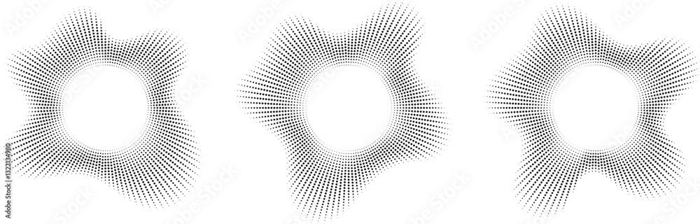 Sound wave, circular equalizer icons, round music soundwave shape, concentric energy burst. Vector illustration.