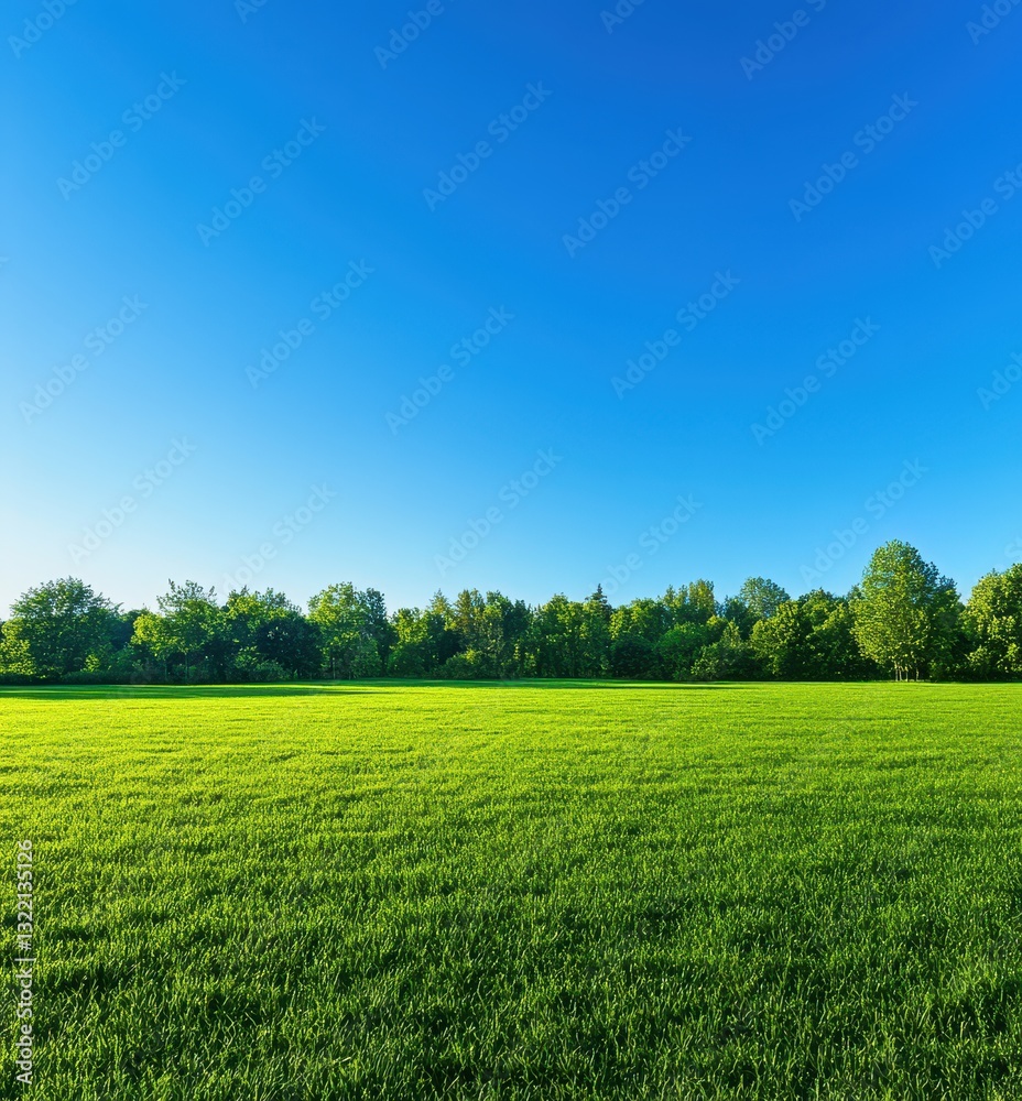 Fototapeta premium Lush Green Field Under Bright Blue Sky in Early Morning Light Surrounded by Vibrant Trees and Natural Beauty in a Peaceful Natural Landscape