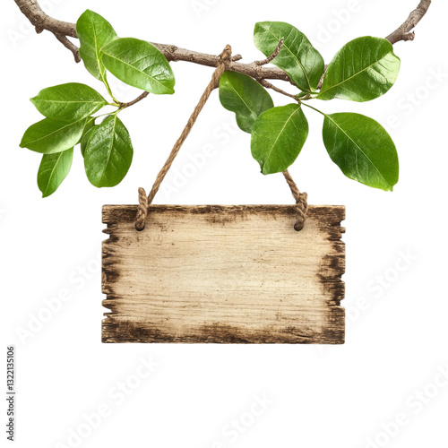 Rustic wooden sign hanging from a tree branch fresh green leaves nature scene
