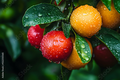 Ripe orange and red fruits covered in dewdrops, hanging from a tree branch against a green leafy background, capturing freshness