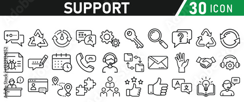 Support icon set—liner style icon for web. Contains icons IT Support, Help Desk, Call Center, Customer Service, call center, Representative, Instructions. Icons vector collection