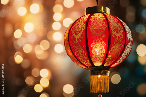 Round red and gold Chinese lantern with intricate patterns glowing in a festive setting