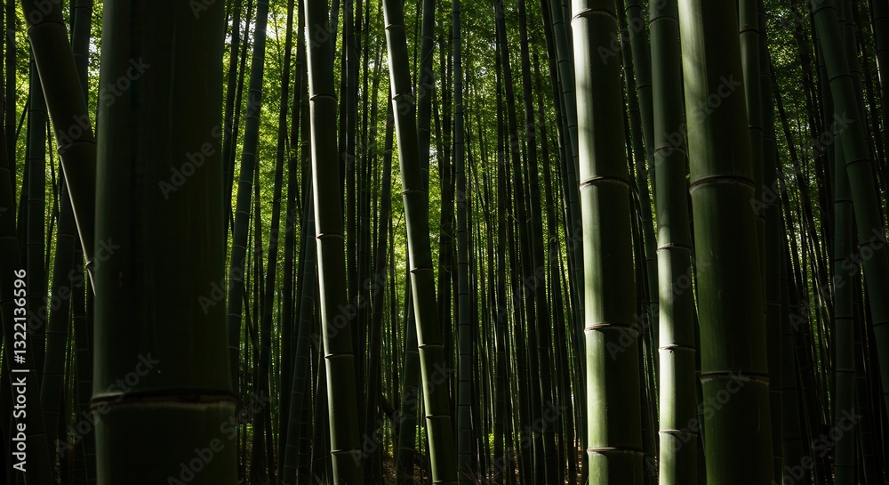 Fototapeta premium Lush Green Bamboo Forest with Sunlight Filtering Through the Stalks