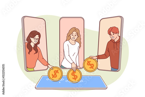 Joint investments and financial investments from people on mobile phone screens. Joint investment from two women together participating in raising money or donations for charitable foundation