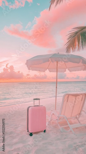 Serene seaside escape with pink luggage and dreamy pastel ambiance