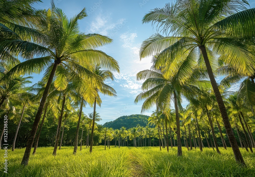 Lush Green Palm Trees Under Bright Blue Sky with Tropical Landscape in Background, Perfect for Nature and Travel Themes, Inspiring Relaxation and Adventure Lush Green Palm Trees Under Bright Blue Sky with Tropical Landscape in Background, Perfect for Nature and Travel Themes, Inspiring Relaxation and Adventure