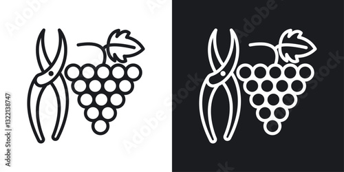 Pruning grape icons set in black and white stroke lines