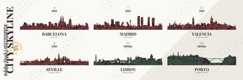 City skyline silhouettes Barcelona, Madrid, Valencia, Seville, Lisbon, Porto, Panoramas of Spanish and Portuguese cityscape horizon with brutalism geometric pattern, detailed urban cityscape, kit 1