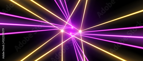 Laser rays or beams, glowing neon lines, bright futuristic background. Motion or speed light effect. Concert or nightclub spotlights. Vector illustration.