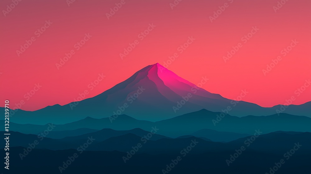 Minimalist Mountain Landscape Art: Pink Sunrise, Teal Peaks, Nature Illustration Digital Background for Desktop and Mobile.