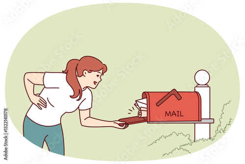 Woman checks street mailbox filled with envelopes and parcels, hoping to receive long-awaited letter. Girl looks into mailbox with smile and rejoices at abundance of letters from friends