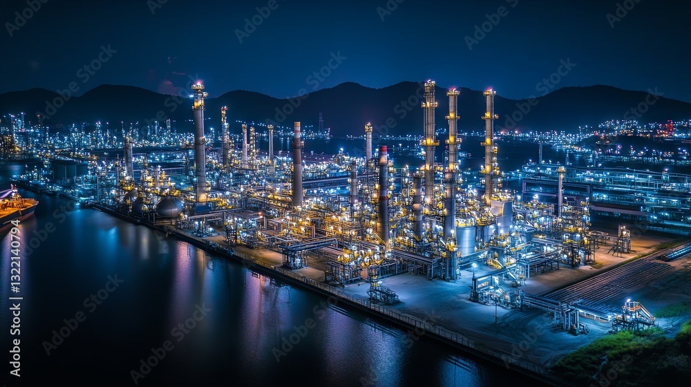 Fototapeta premium A business and industrial area with a production plant for the transportation and export of crude oil and gas, filmed at night by a drone