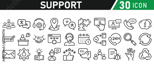 Support icon set—liner style icon for web. Contains icons IT Support, Help Desk, Call Center, Customer Service, call center, Representative, Instructions. Icons vector collection