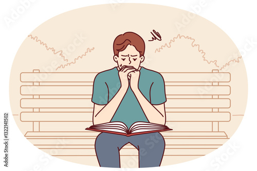 Man prays reads holy bible or gospel sitting on bench in public park. Believing guy turns to god and prays asking almighty from christian or catholic religion for help in solving problems
