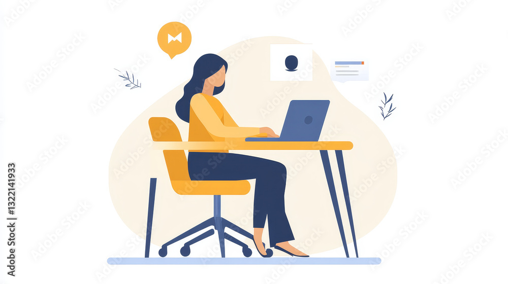 Customer support. Call center operator sitting at desk with laptop and communication with clients in chat. Woman agent answering questions and requests, providing assistance vector illustration Customer support. Call center operator sitting at desk with laptop and communication with clients in chat. Woman agent answering questions and requests, providing assistance vector illustration