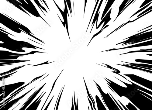 Speed lines within a frame for manga comic books. Radial motion backdrop featuring flashes and lightning. Monochrome explosion and glowing flashes. Vector concentric textured artwork.