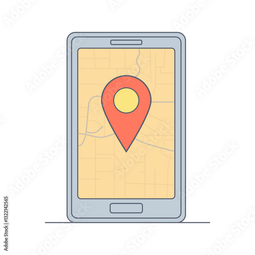 Geo Pin Marker on smartphone display. Mobile device showing a map on the screen. GPS, Destination, Journey, Map Navigation, Location, Route Direction, pointer icon concept. Flat outline illustration