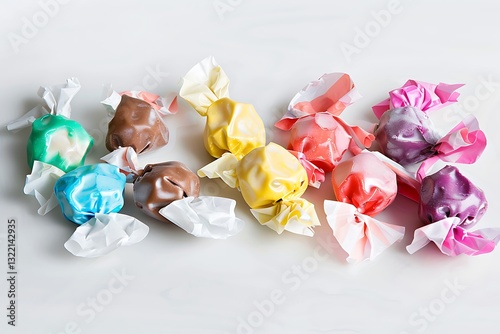 An arrangement of saltwater taffy in a variety of flavors, with each piece wrapped in wax paper