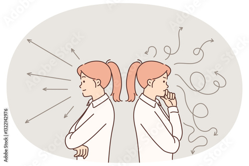 Women trying to make choice between different ways to solve problem standing among arrows