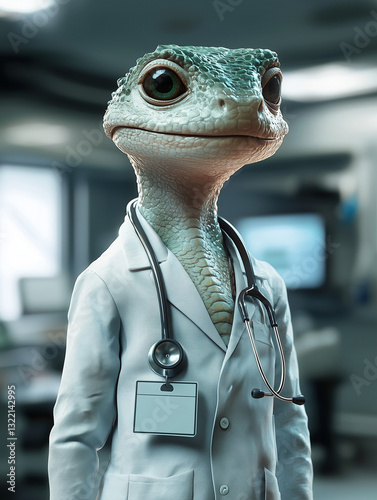 A humanlike reptile dressed up as a medical doctor