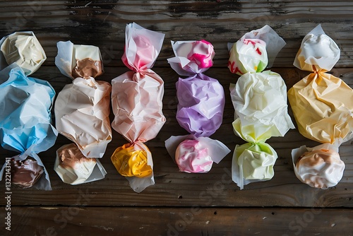 An arrangement of saltwater taffy in a variety of flavors, with each piece wrapped in wax paper