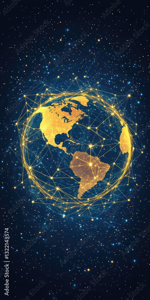 Fototapeta premium Golden Earth globe surrounded by sparkling particles on dark blue background. Digitally rendered image with vibrant colors