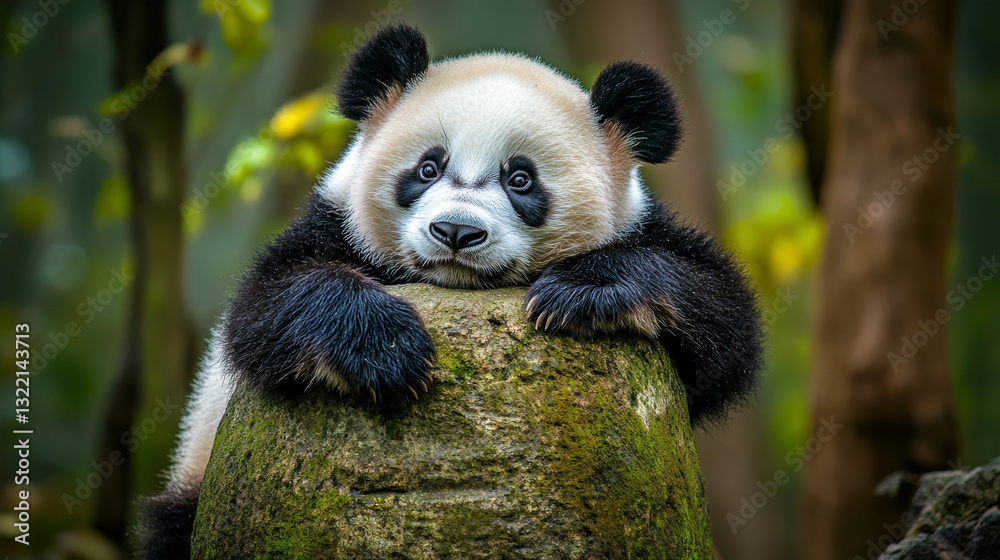 Obraz premium giant pandas resting on a large rock under sunlight in a lush green habitat, adorable black and white bears lounging in nature, wildlife photography of endangered species