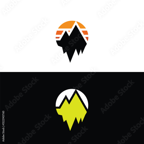 Stylized Mountain Logo with Bold Contrast and Sunset Elements