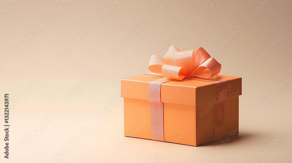 Obraz premium Vibrant Orange Gift Box With Decorative Ribbon On A Soft Peach Backdrop Festive Surprise