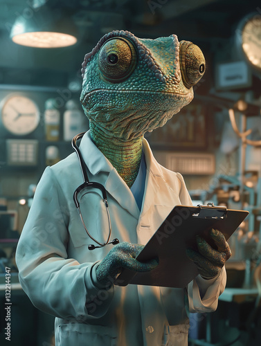 Anthropomorphic humanlike chameleon dressed as a medical doctor