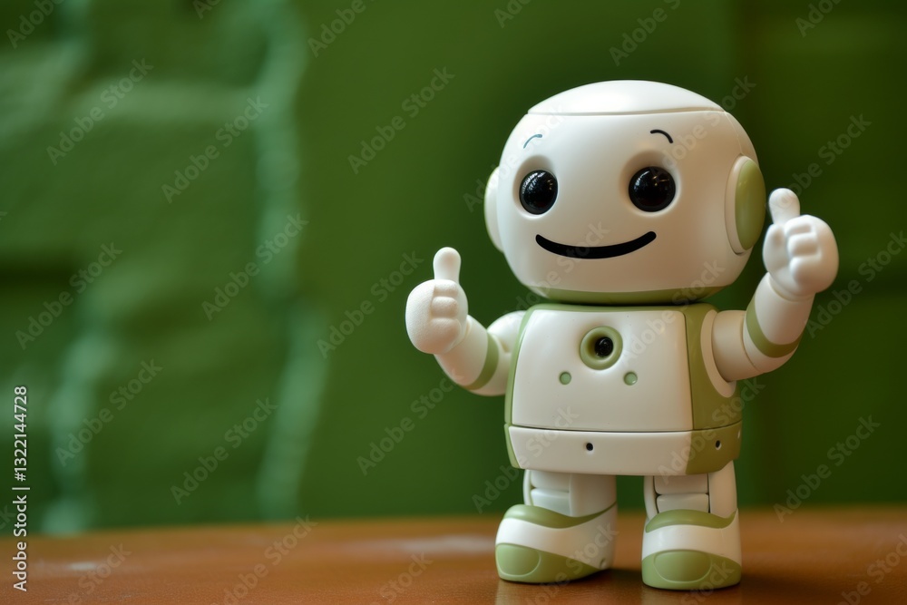 Adorable mini robot gesturing towards copy space on a vibrant green background for creative use Adorable mini robot gesturing towards copy space on a vibrant green background for creative use