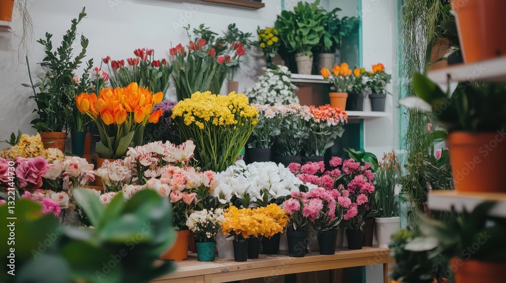 Fototapeta premium A display of various colorful flower arrangements and potted plants
